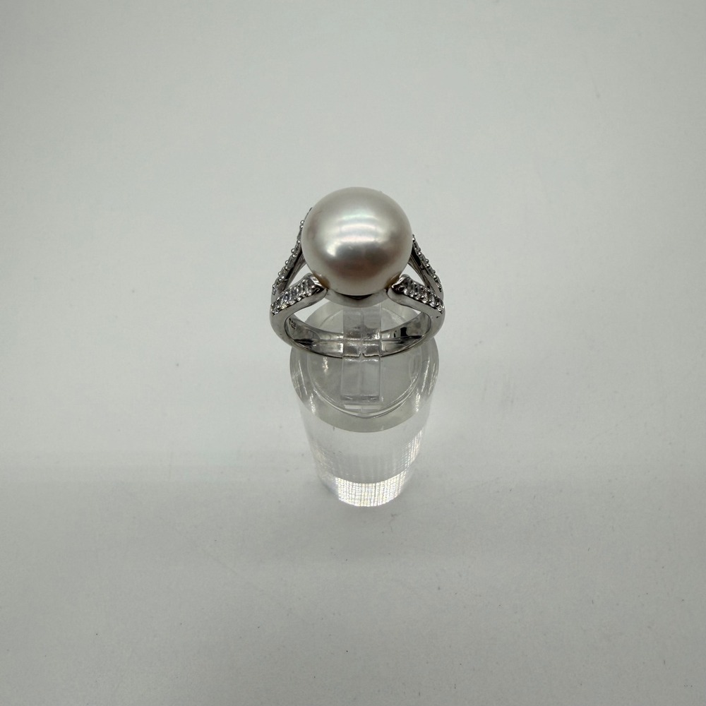 Sterling Silver 925 Large White Pearl Split Shank Cubic Zirconia Ring Size 6.75